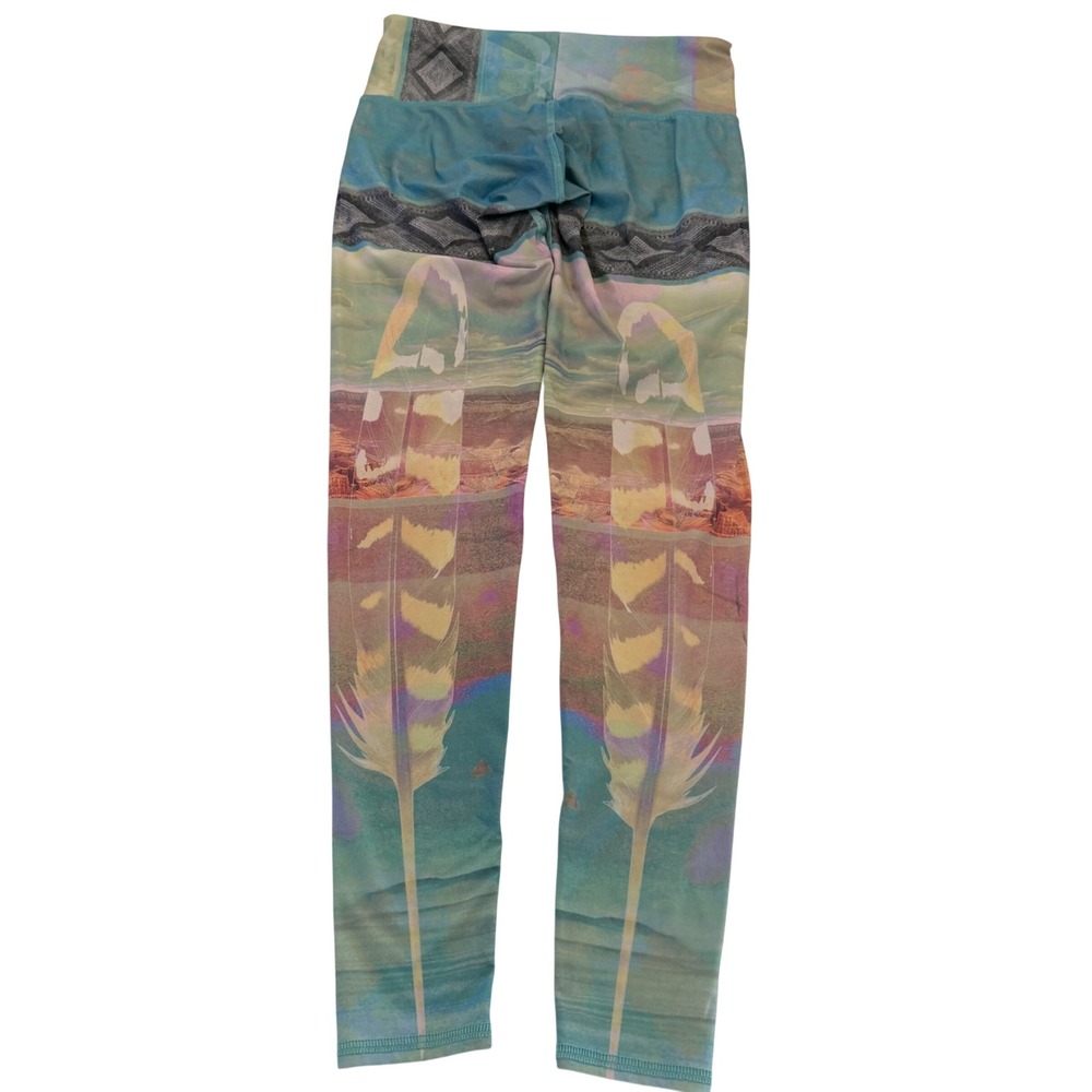 Teeki Eagle Feather Hot Pants Yoga Leggings Small Multi Color Recycled Eco Print